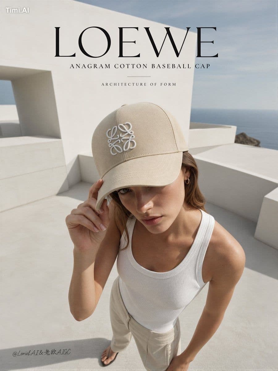 Create an ultra-premium editorial campaign poster for LOEWE 