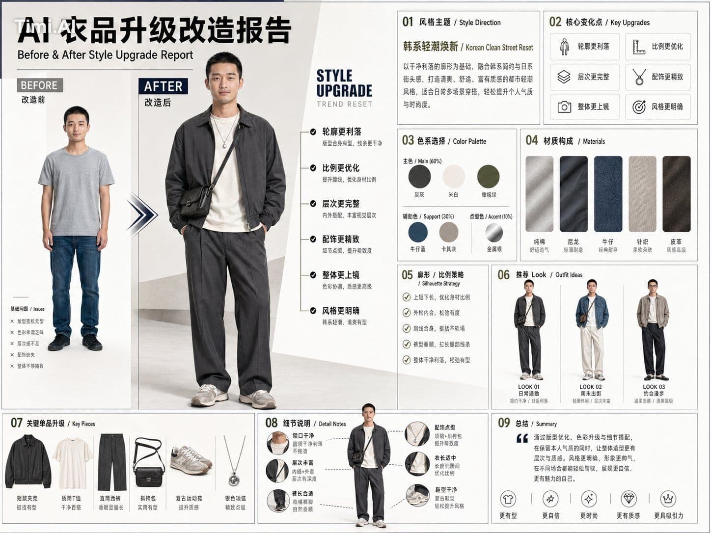 【AI穿搭-衣品升级改造报告提示词】
请基于用户上传的形象照片,生成一张横向 4:3 的高完成度「AI 衣品升级改造报