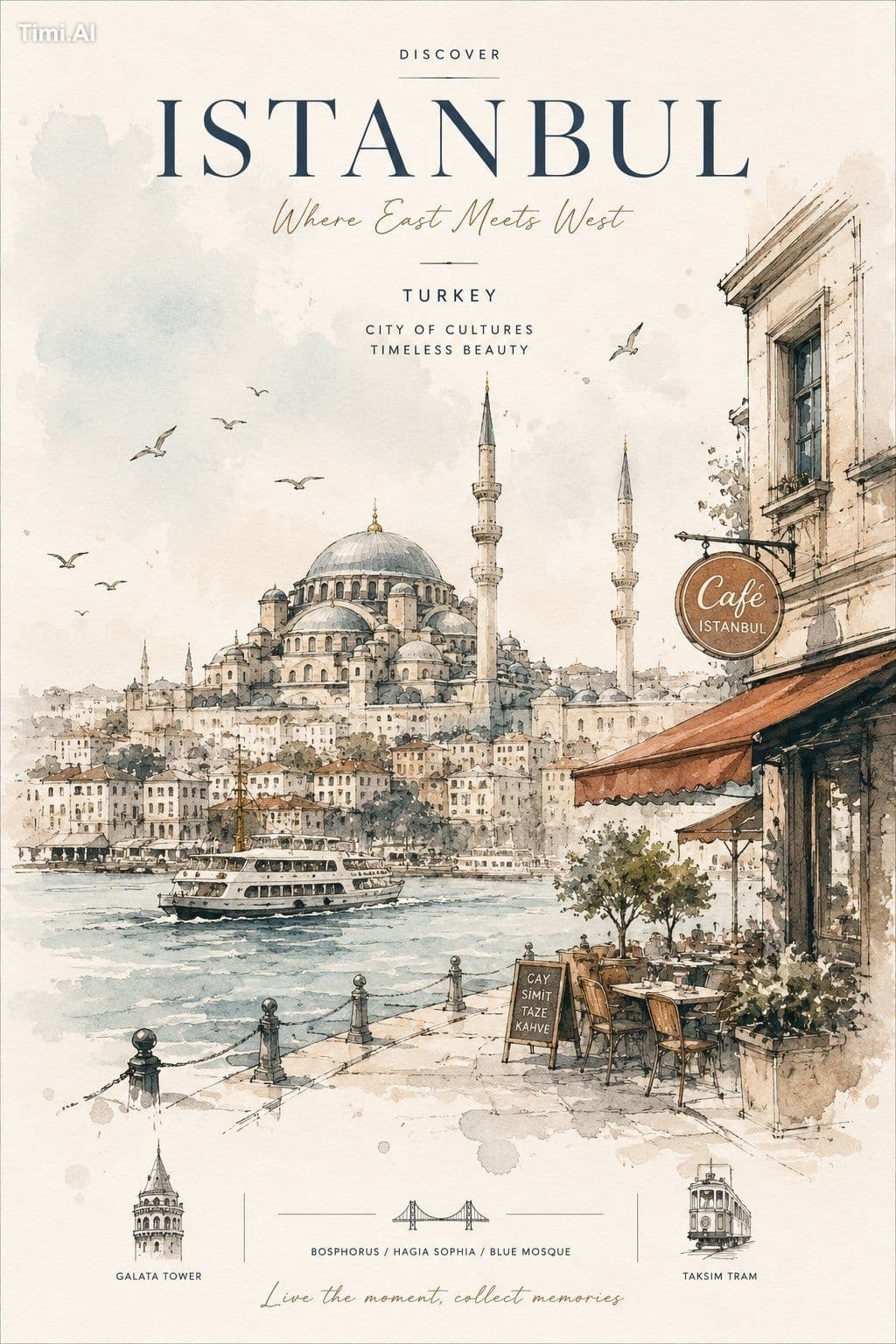 Style: watercolor architectural sketch, editorial travel pos