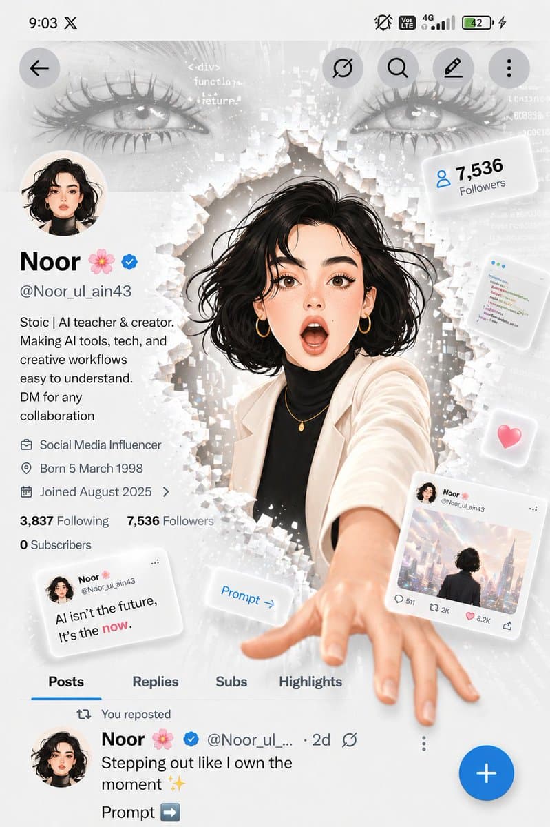 A futuristic social media profile UI in a clean white minima