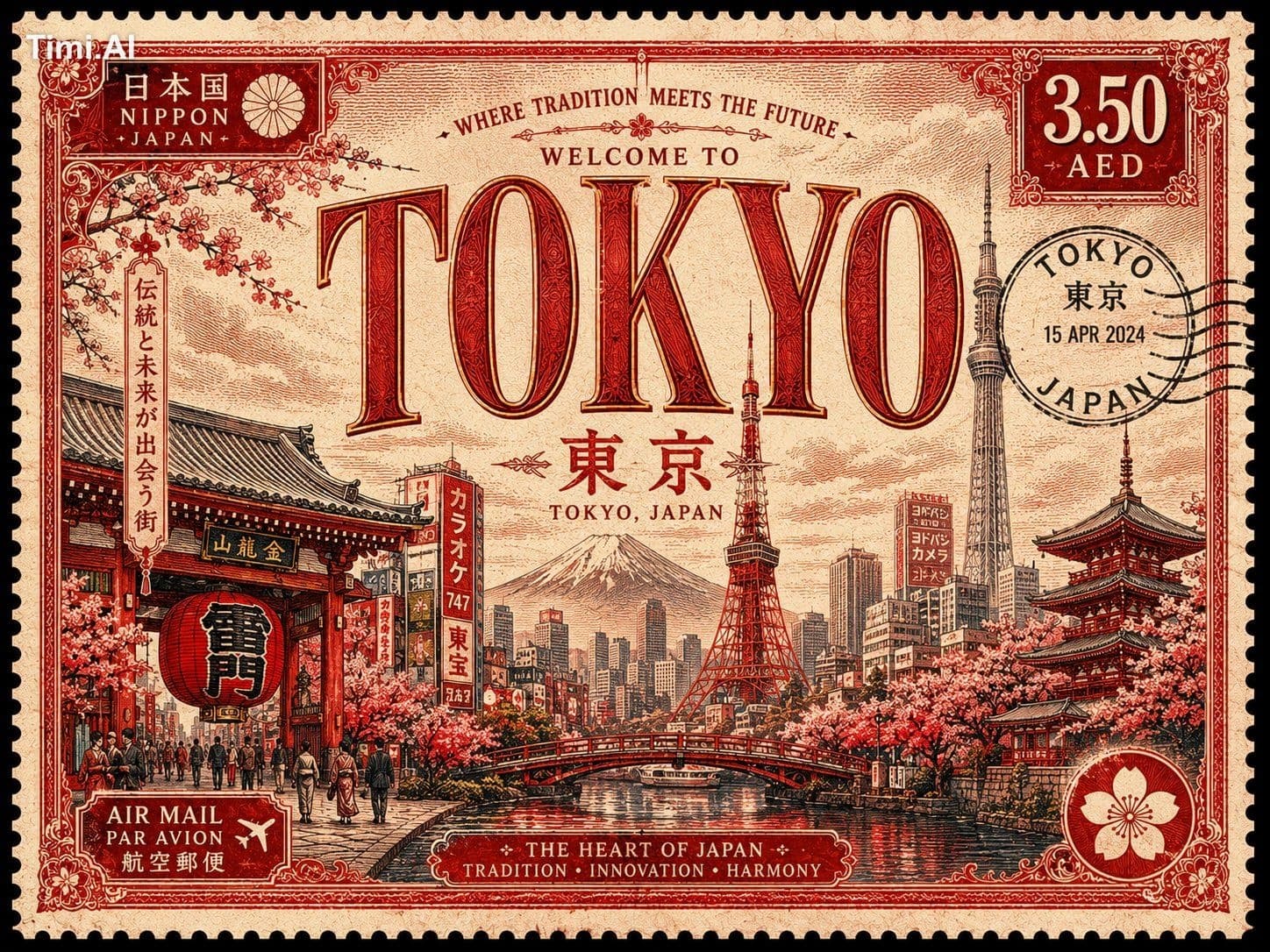 Vintage travel postage stamp design featuring [CITY / COUNTR