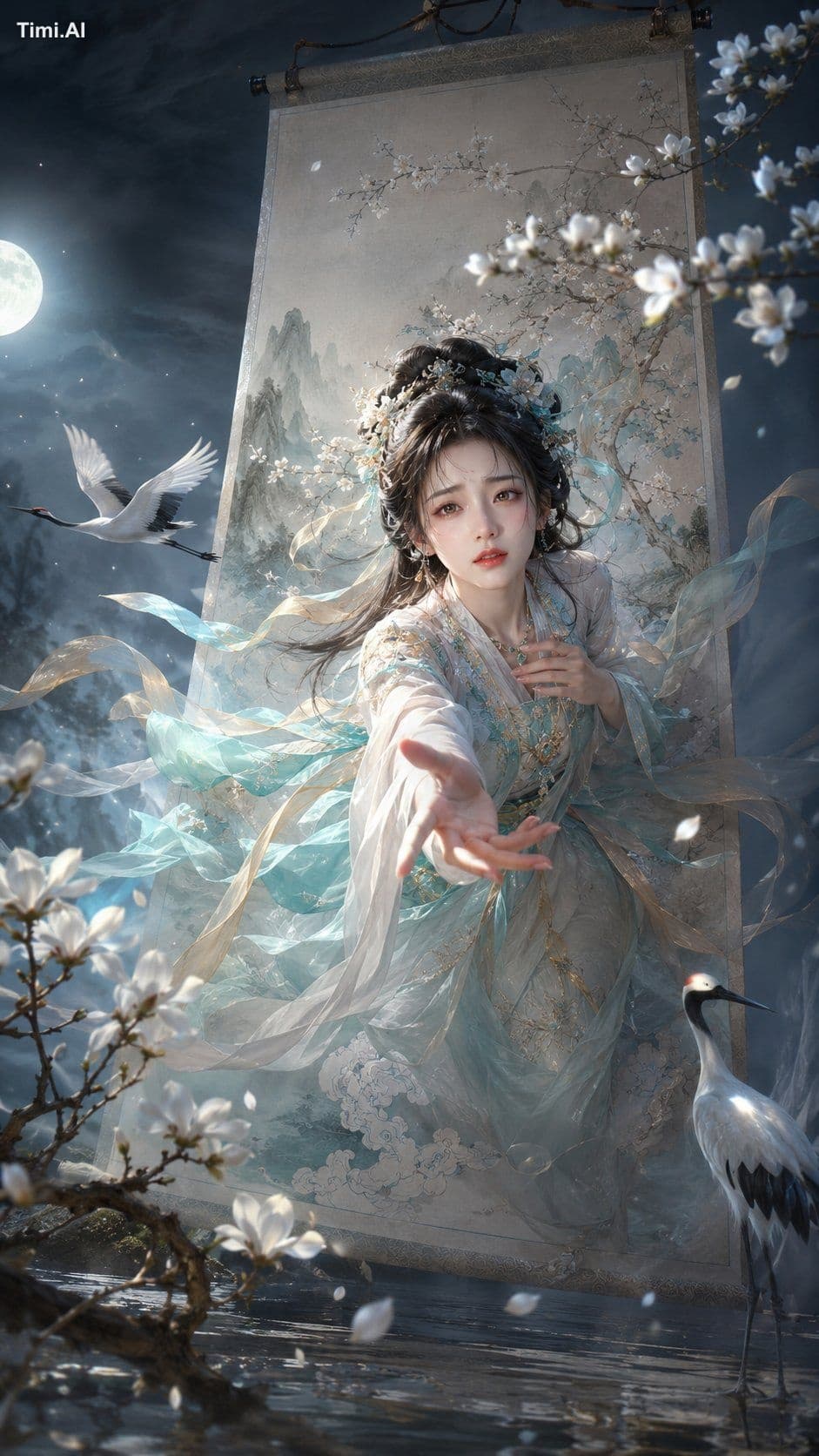 请生成一张高完成度的手机竖版 9:16 东方奇幻叙事人像海报，系列名称为「画中美人 · 破卷而出」。

【主题设定】
主
