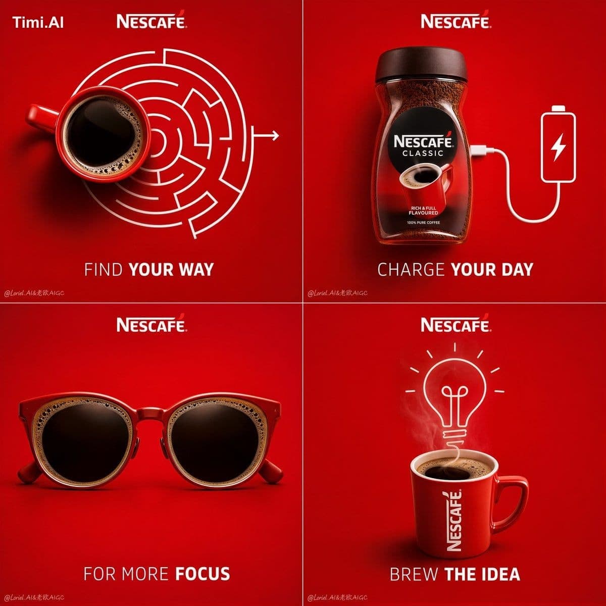Create a premium 4-panel campaign poster for Nescafé, built 