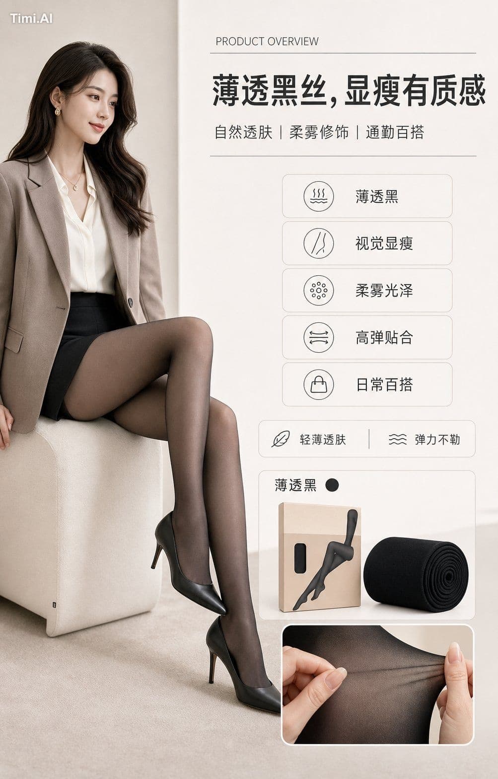 生成一组 5 张黑丝电商详情图，每张独立生成，不要合并，不要在图片上放 01/02/03/04/05 或任何数字编号。
