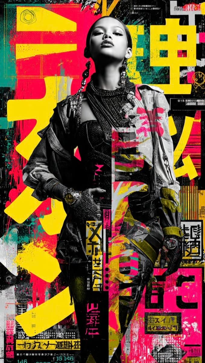 A striking, avant-garde editorial collage featuring a confid