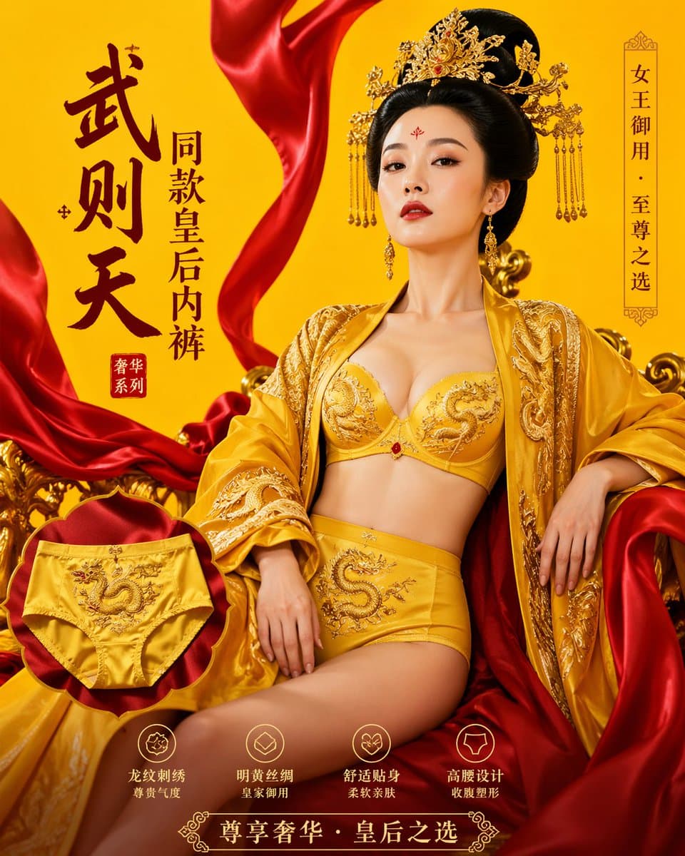 武则天同款皇后内衣广告大片,明黄底色龙纹刺绣,大红丝绸飘带衬托