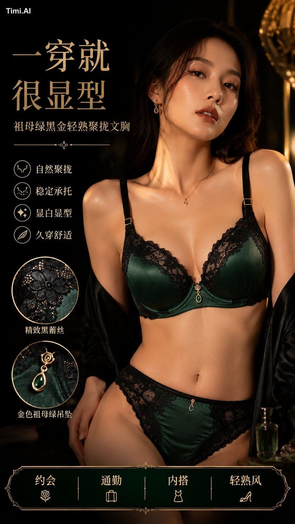 先生成一张产品定款图，确定同一款内衣的颜色、杯型、蕾丝、肩带、五金、吊坠和配套内裤。
后面 4 张详情页都上传这张定款图