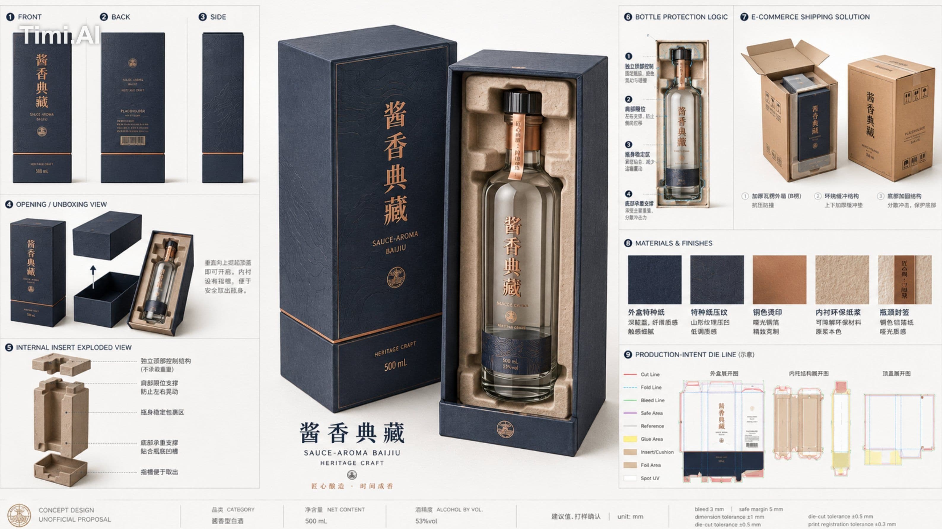 为一款 unofficial concept 的 500ml 高端酱香型白酒设计一张专业包装设计提案板，产品类别为高端白