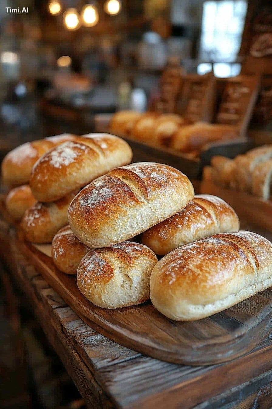 Artisan bread display, rustic brick wall, warm lighting, sha