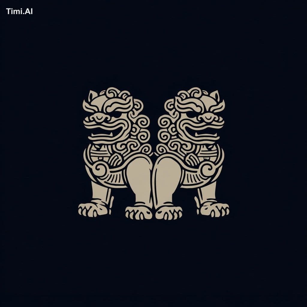 a very minimalistic logo of Chinese guardian lions, line art