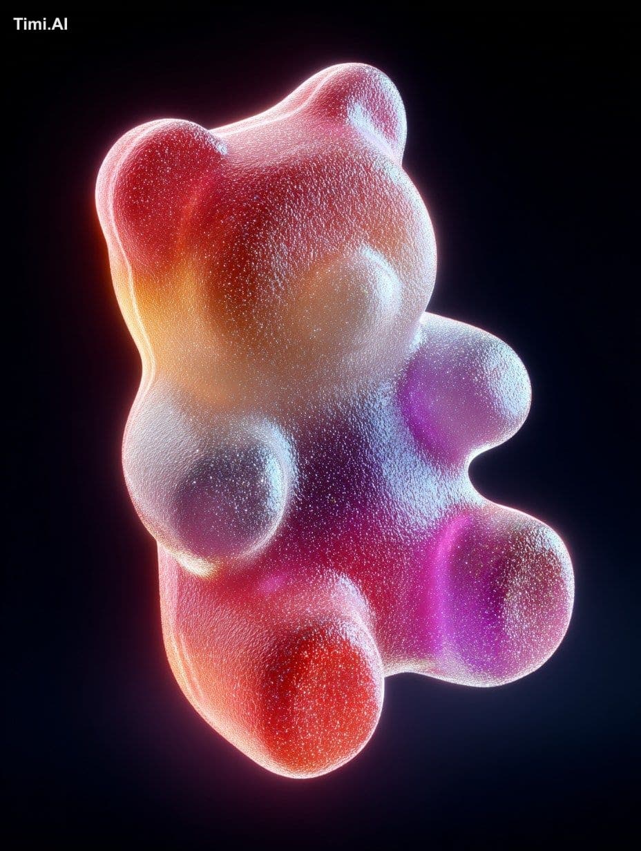 A single, rainbow-colored gummy bear floating in pitch-black