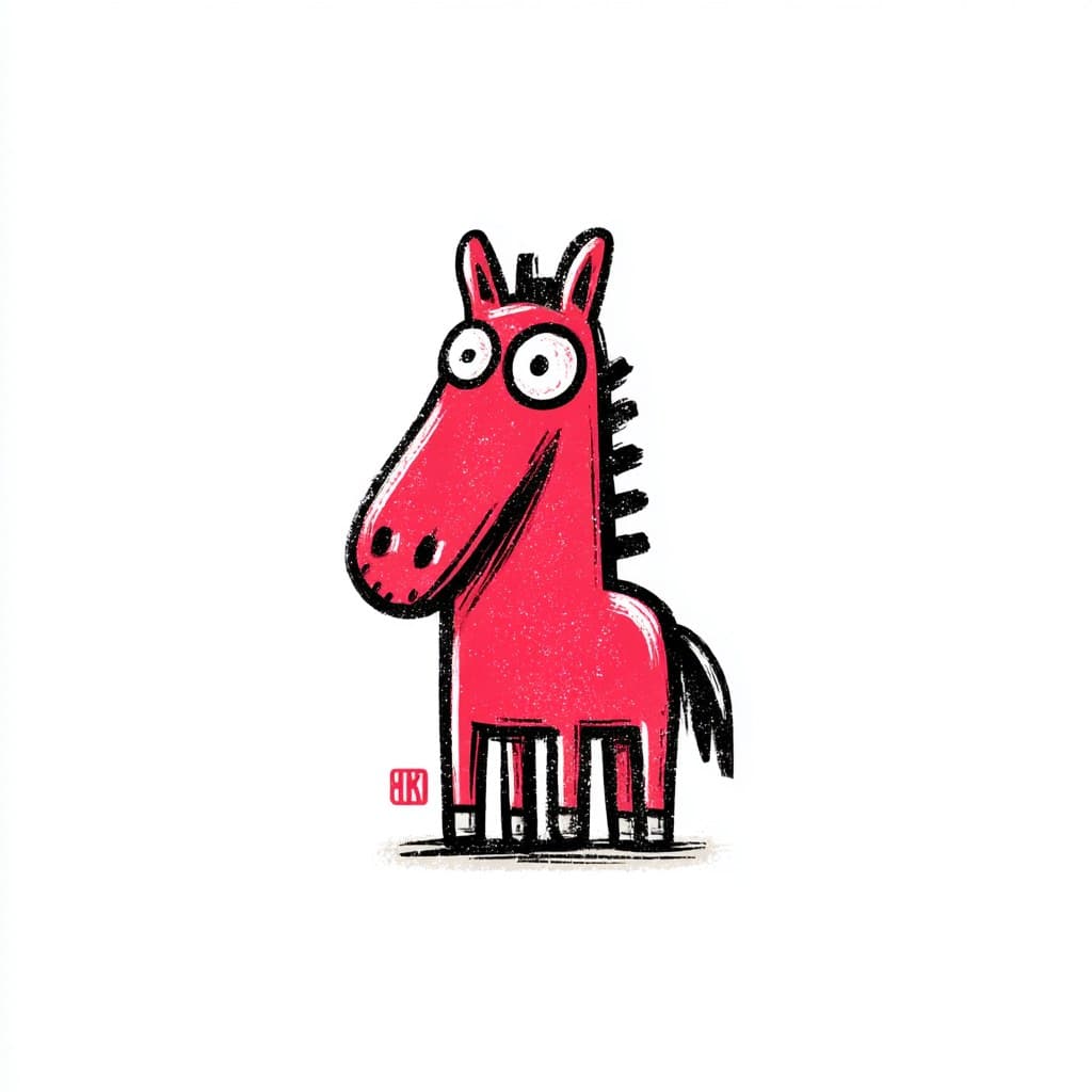 A cartoon drawing of an animated red horse, with exaggerated