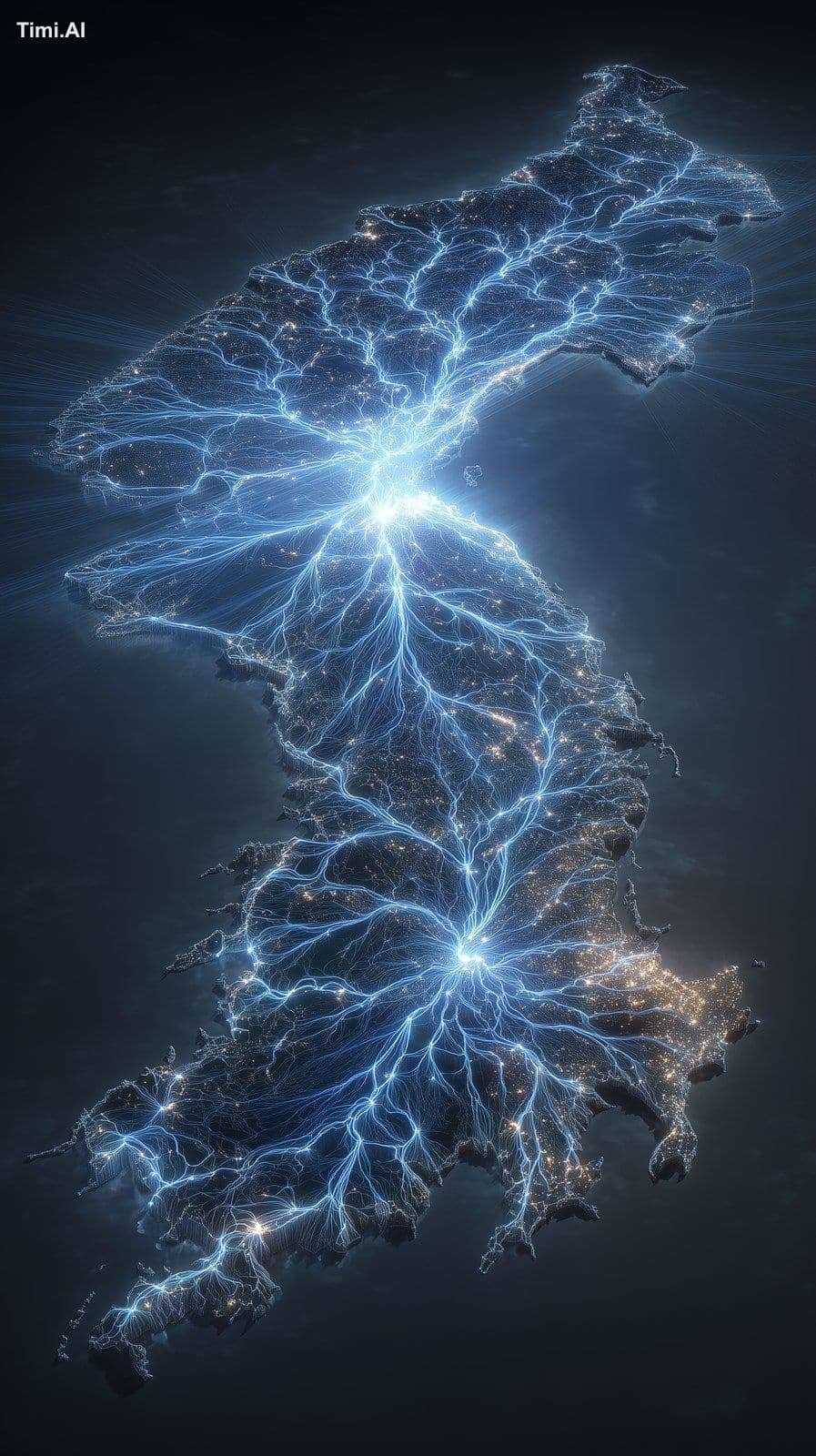 A hyper-realistic image of the Korean peninsula at night, wi