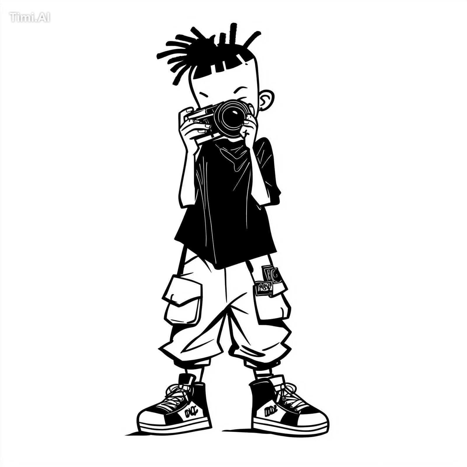 cartoon urban teenage boy, mohawk dreadlocks, baggy pants, D
