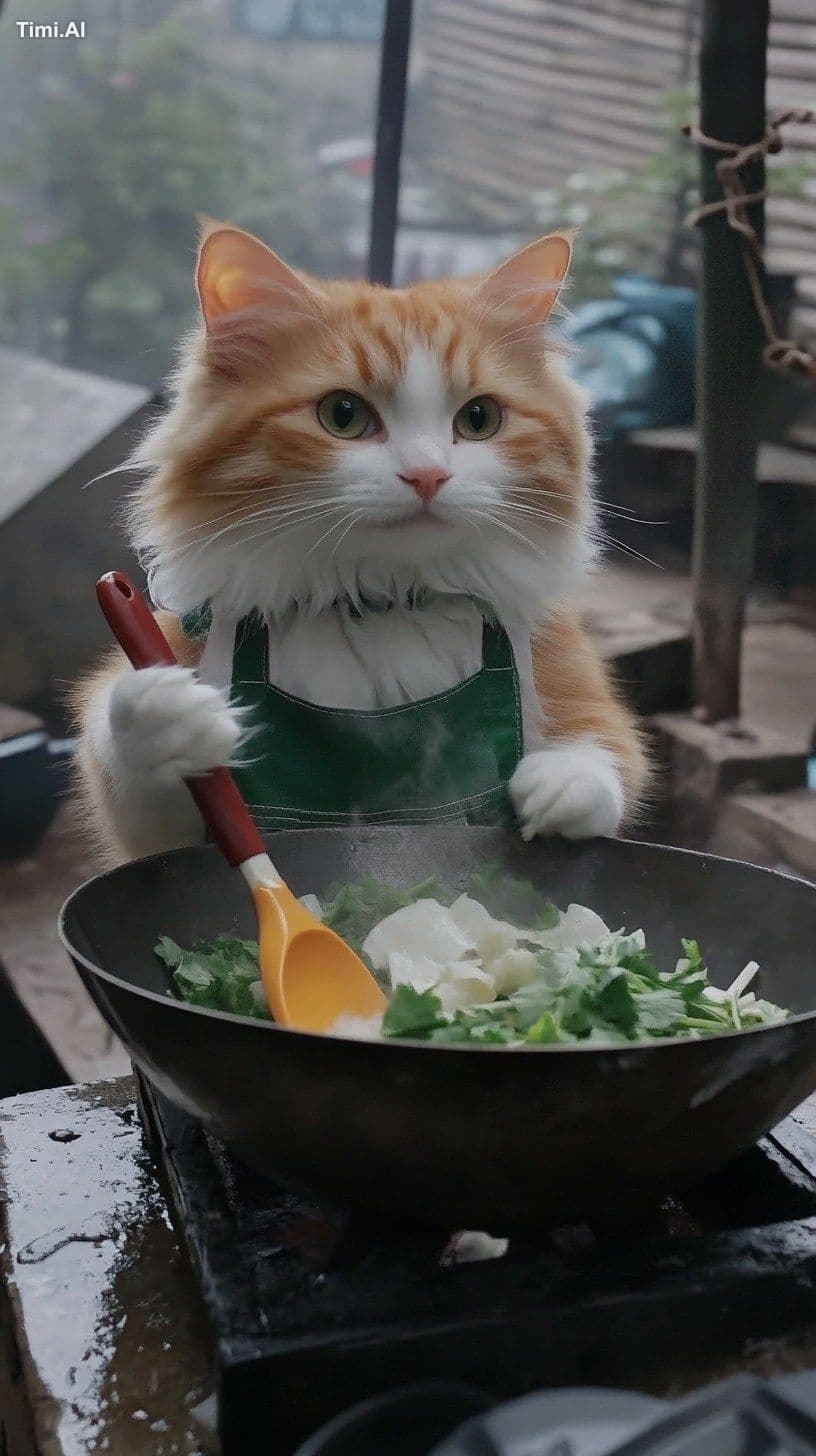 An orange cat, holding a spatula, is cooking in a wok --ar 9