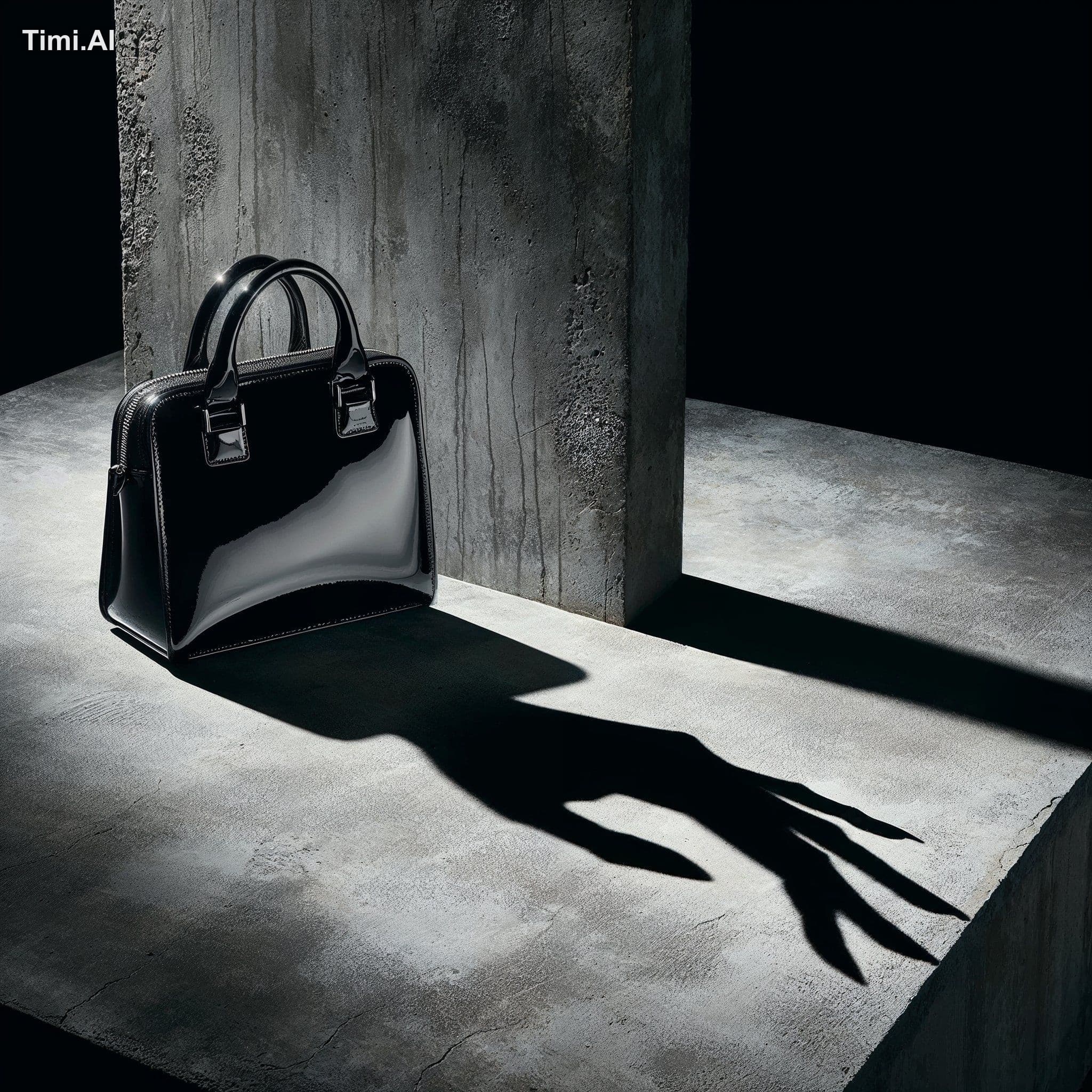 A sleek black patent leather purse, positioned prominently o