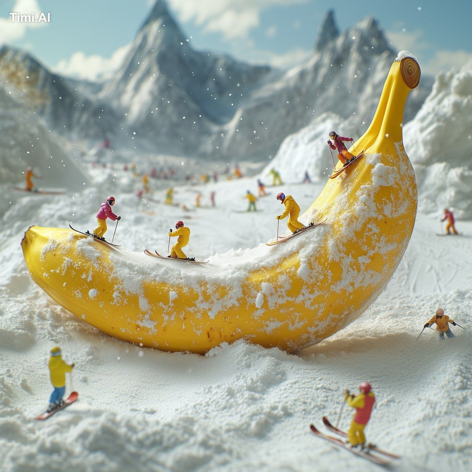 A giant banana with skiers on it, standing in the snow and s