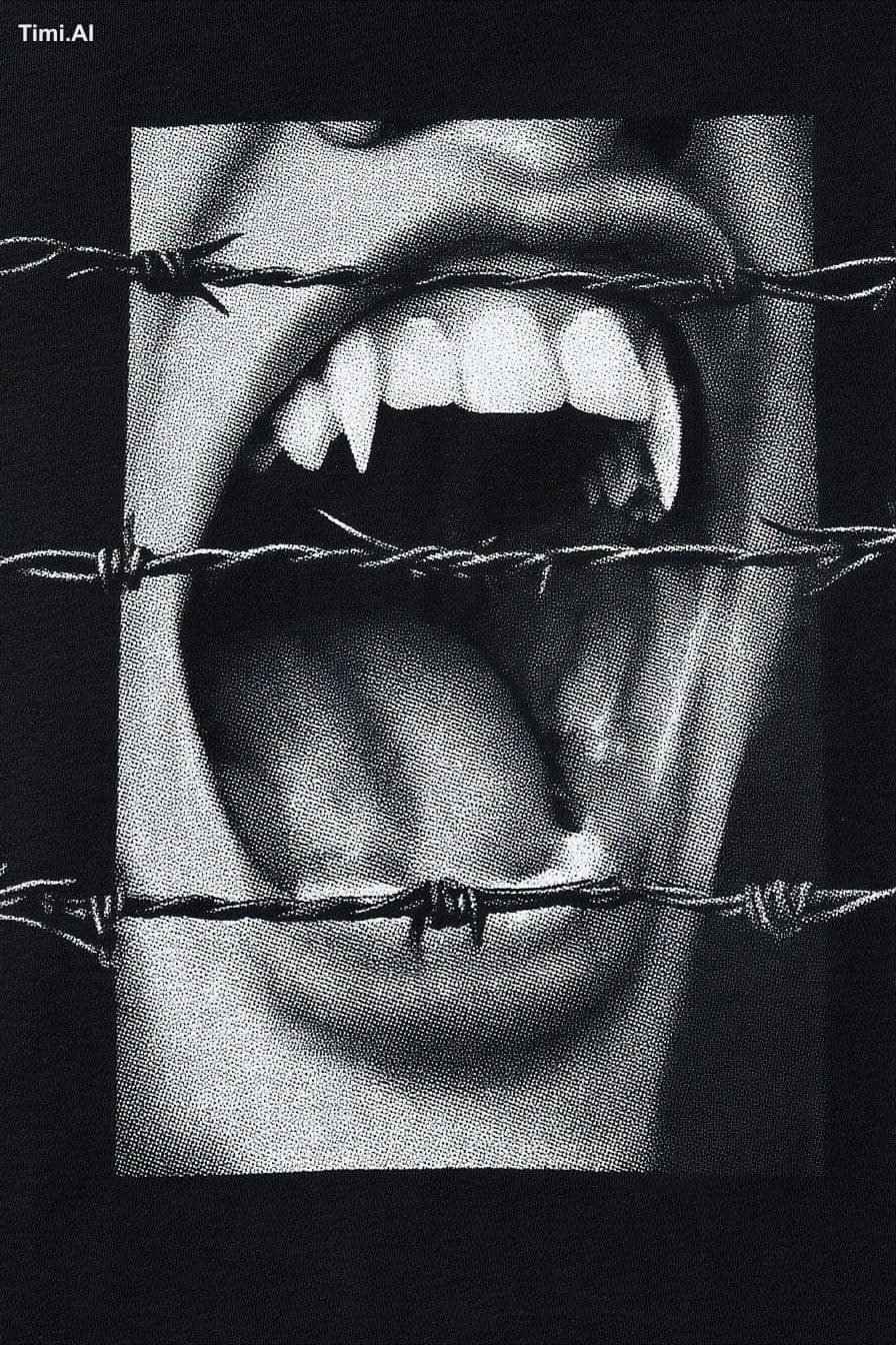 A black metal band T-shirt design featuring an open mouth wi