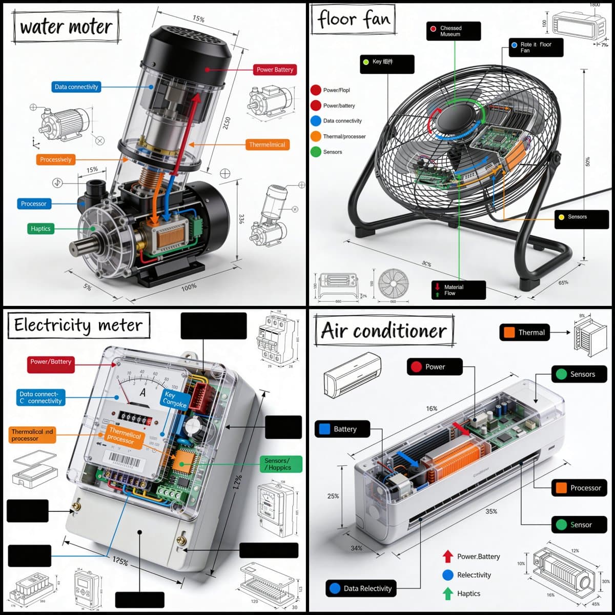 Create a technical infographic of [OBJECT] with a 45-degree 