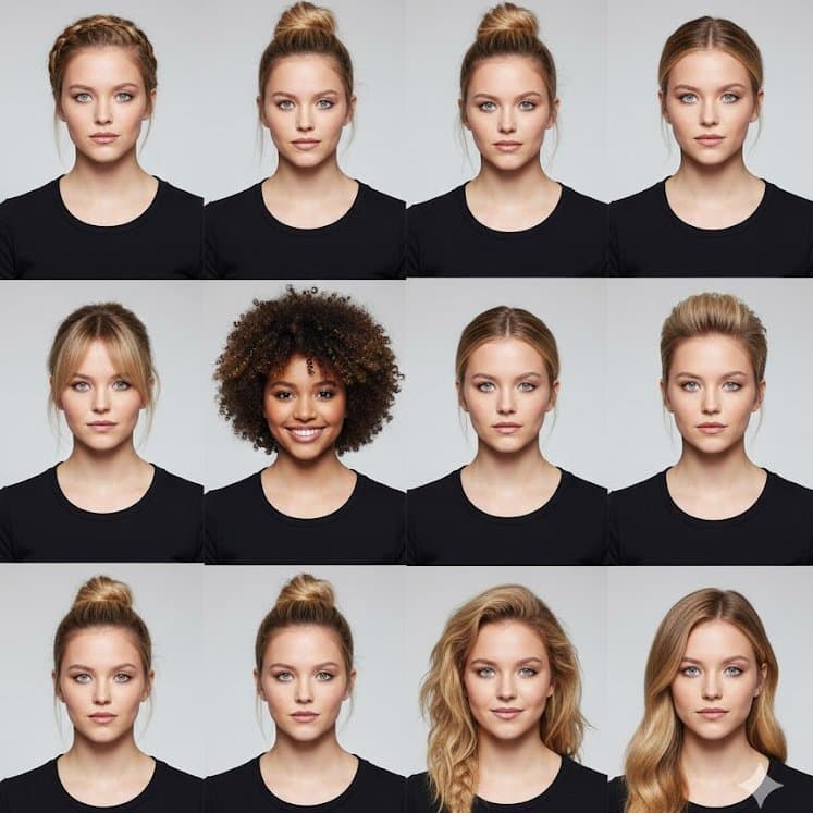 A 3×3 grid collage featuring the same female model, each squ