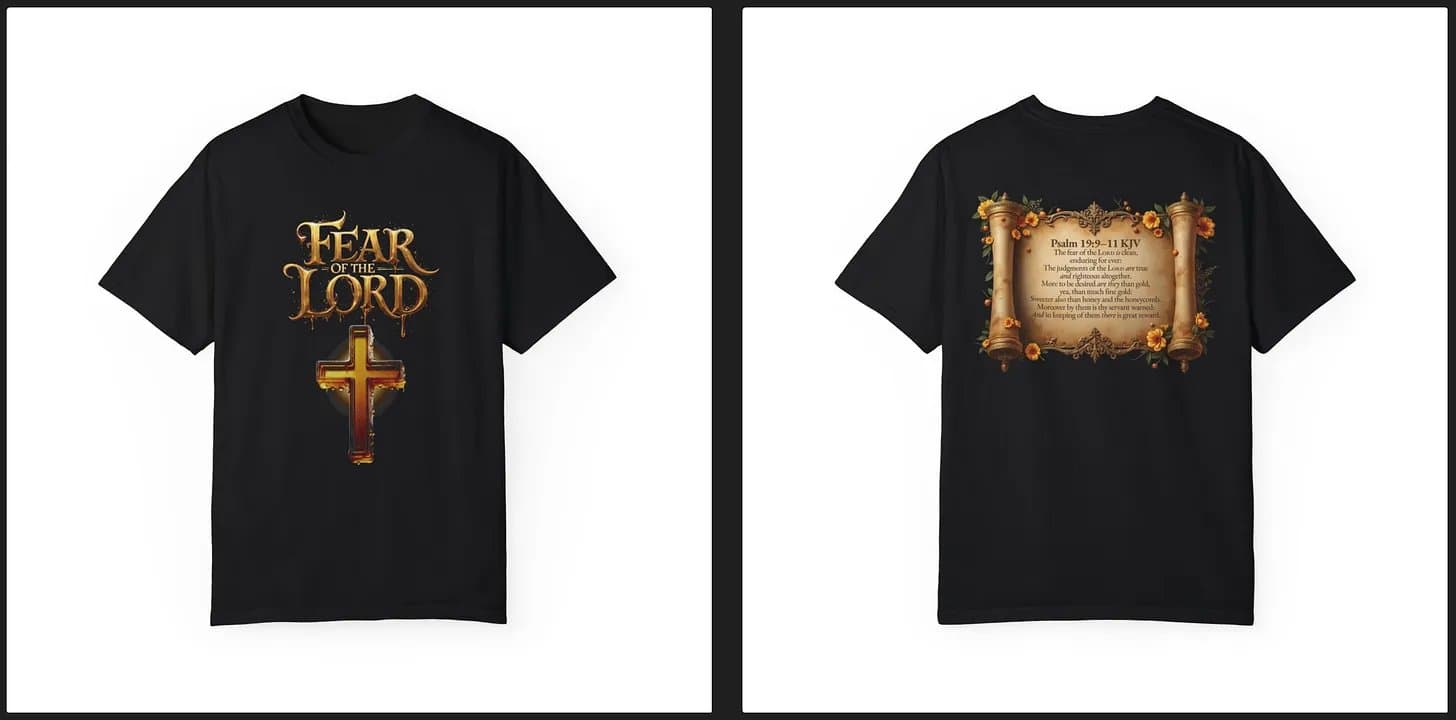 KJV Cards' front and back mockup of a black Christian t-shir