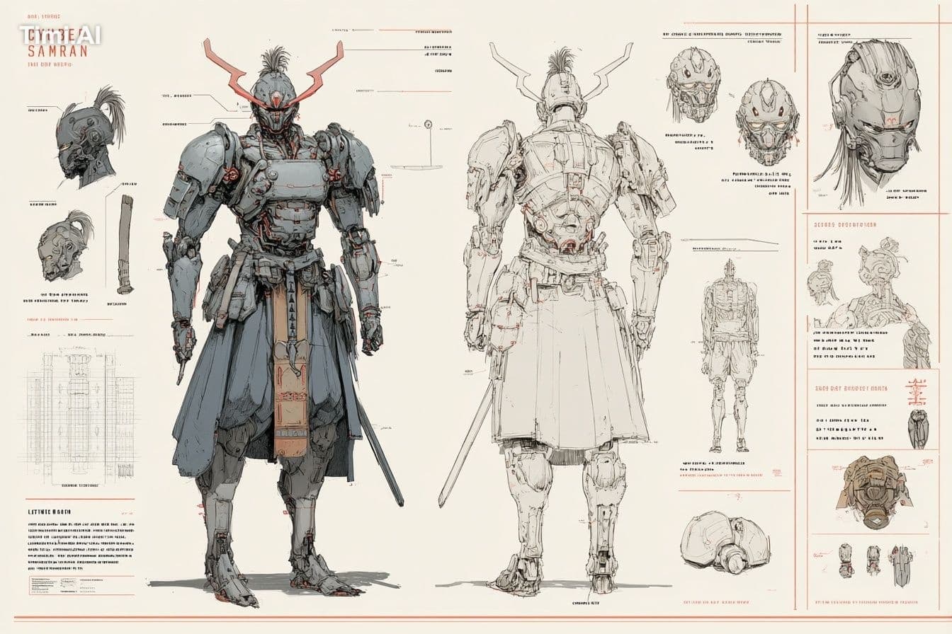 A character concept sheet of a [character], featuring detail