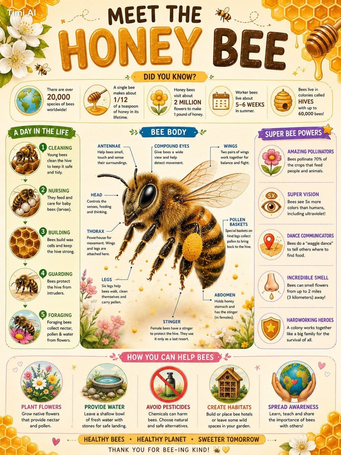 - Educational infographic poster titled "MEET THE HONEY BEE"