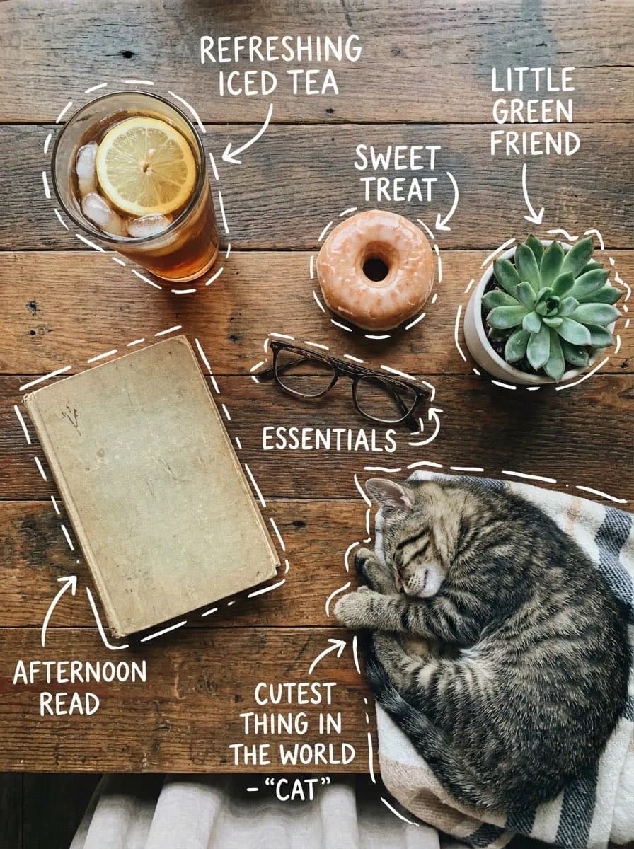 Top-down flat lay on a rustic wooden table, cozy aesthetic,