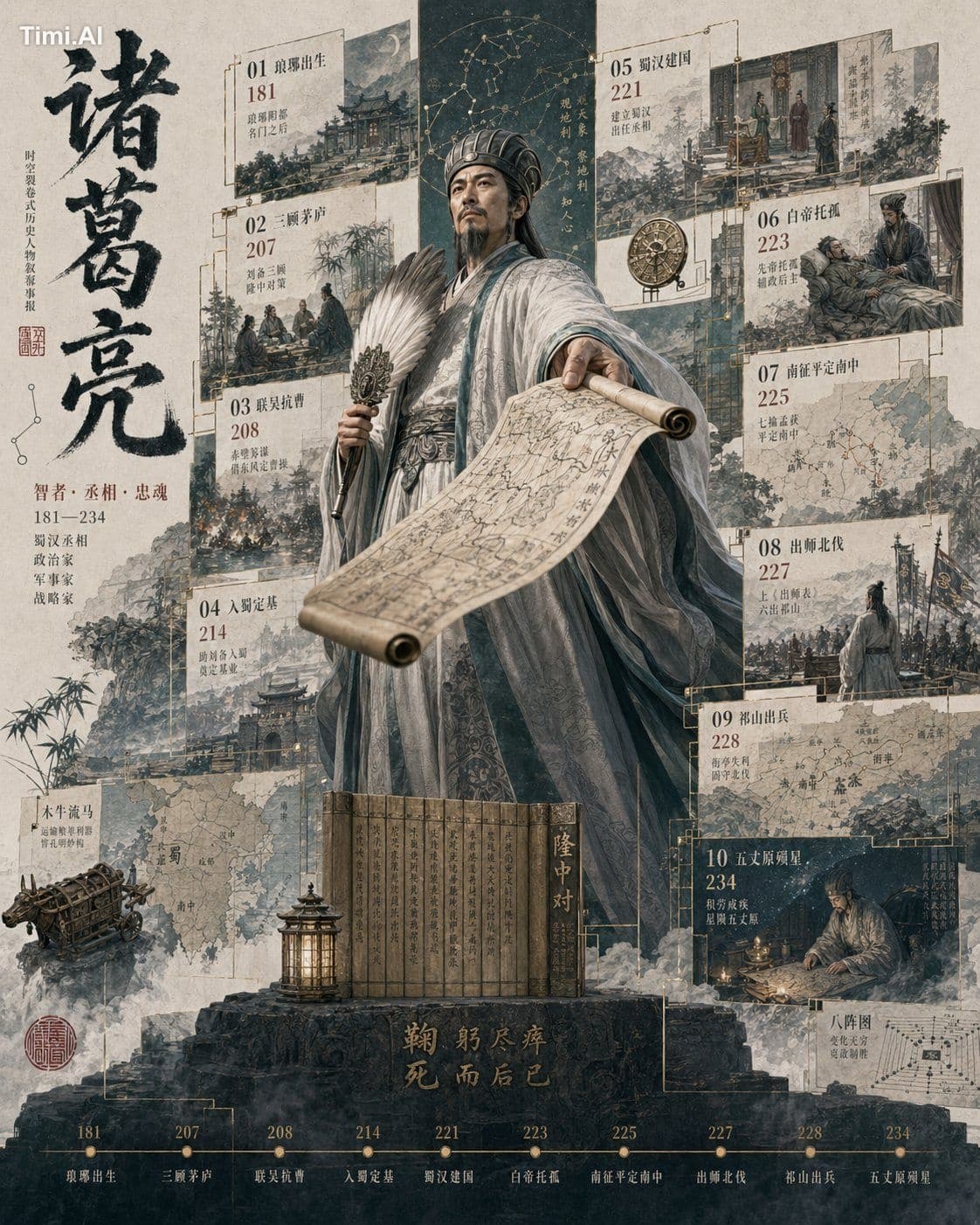 请创作一张高完成度的「历史人物破框立像档案 / 3D Historical Breakout Biography Pos