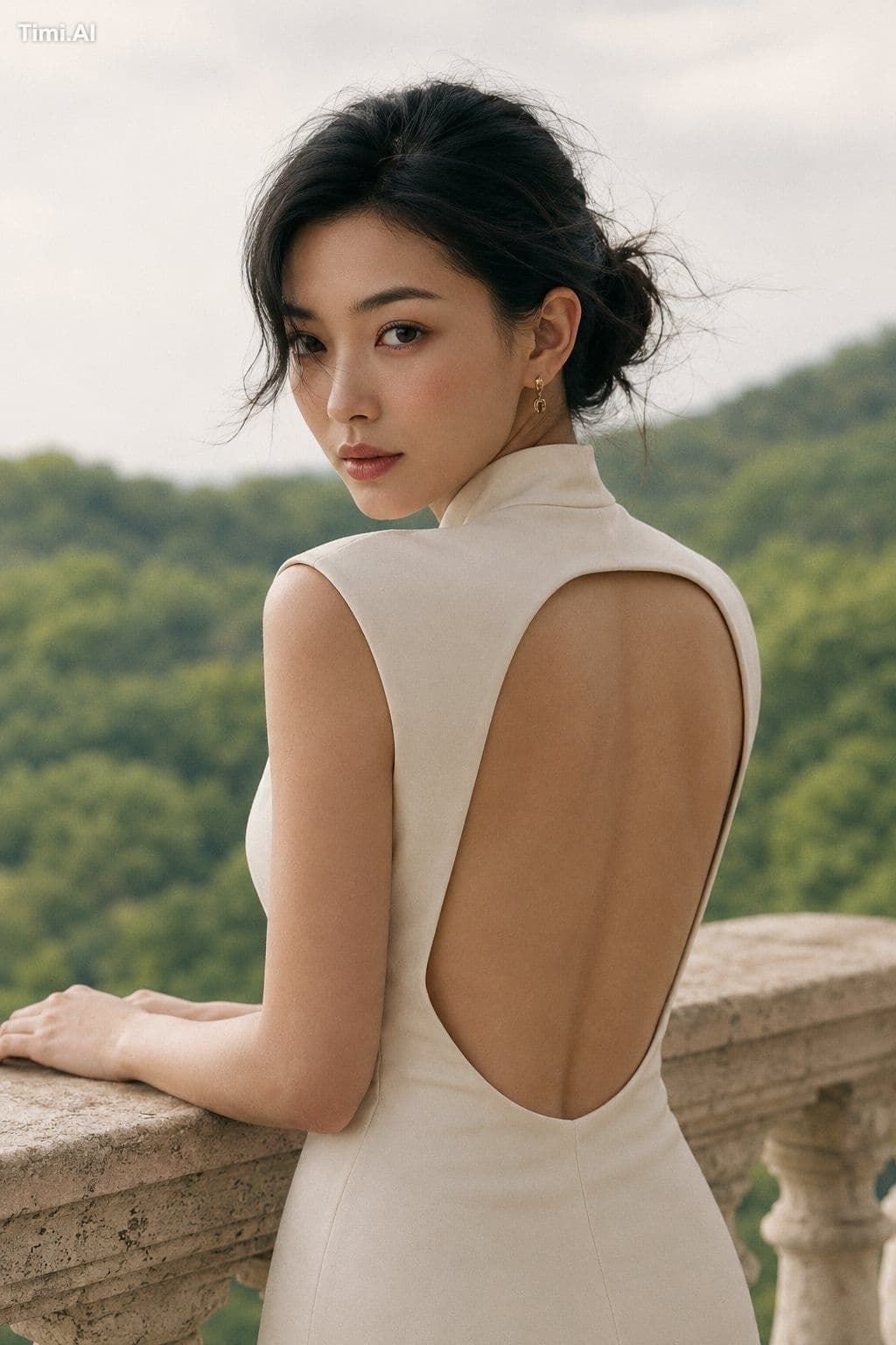 一位年轻成年东亚女性站在古典石质露台上,画面从头顶拍至大腿附近。人物背对镜头,身体呈三分之二背面角度,略微侧向画面左侧;