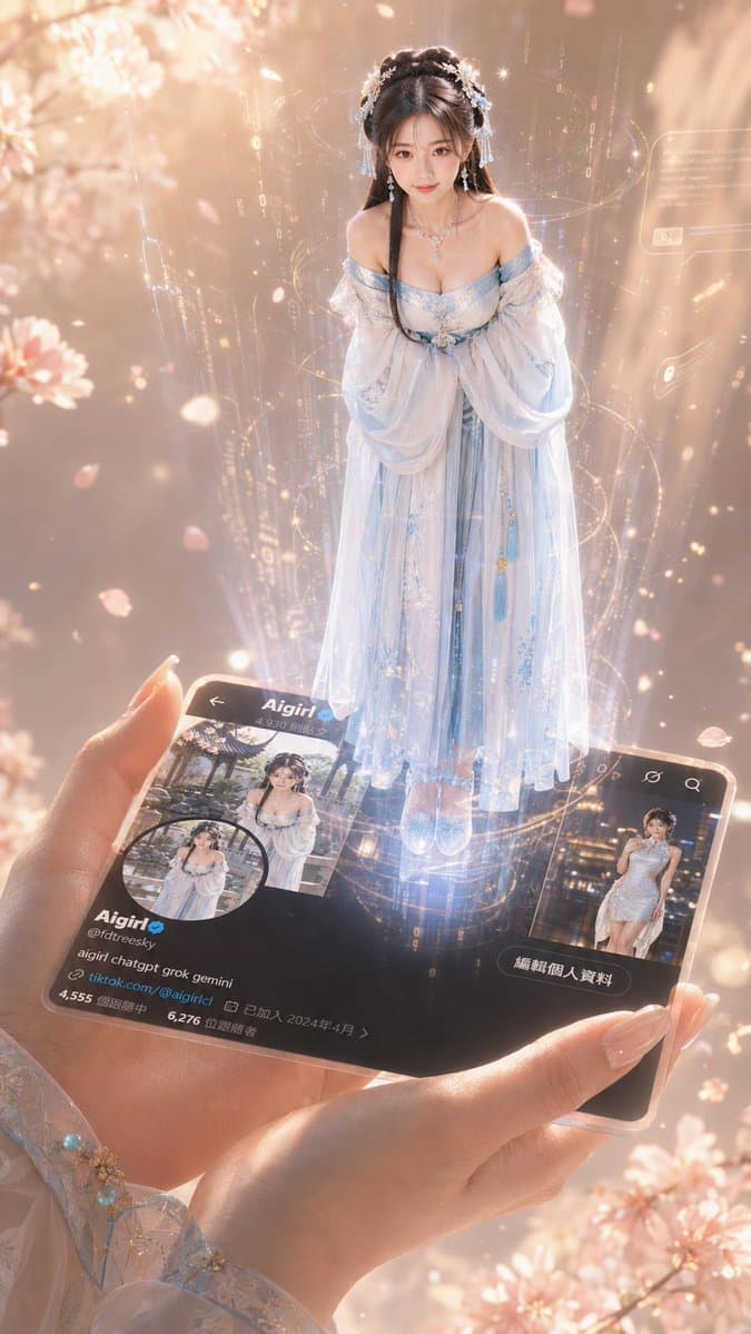 一只纤细优雅的手轻轻握着一张高度详细的X个人资料卡圖2,资料卡平放着,从资料卡表面浮现出一个全身站立的美丽少女圖1全息3