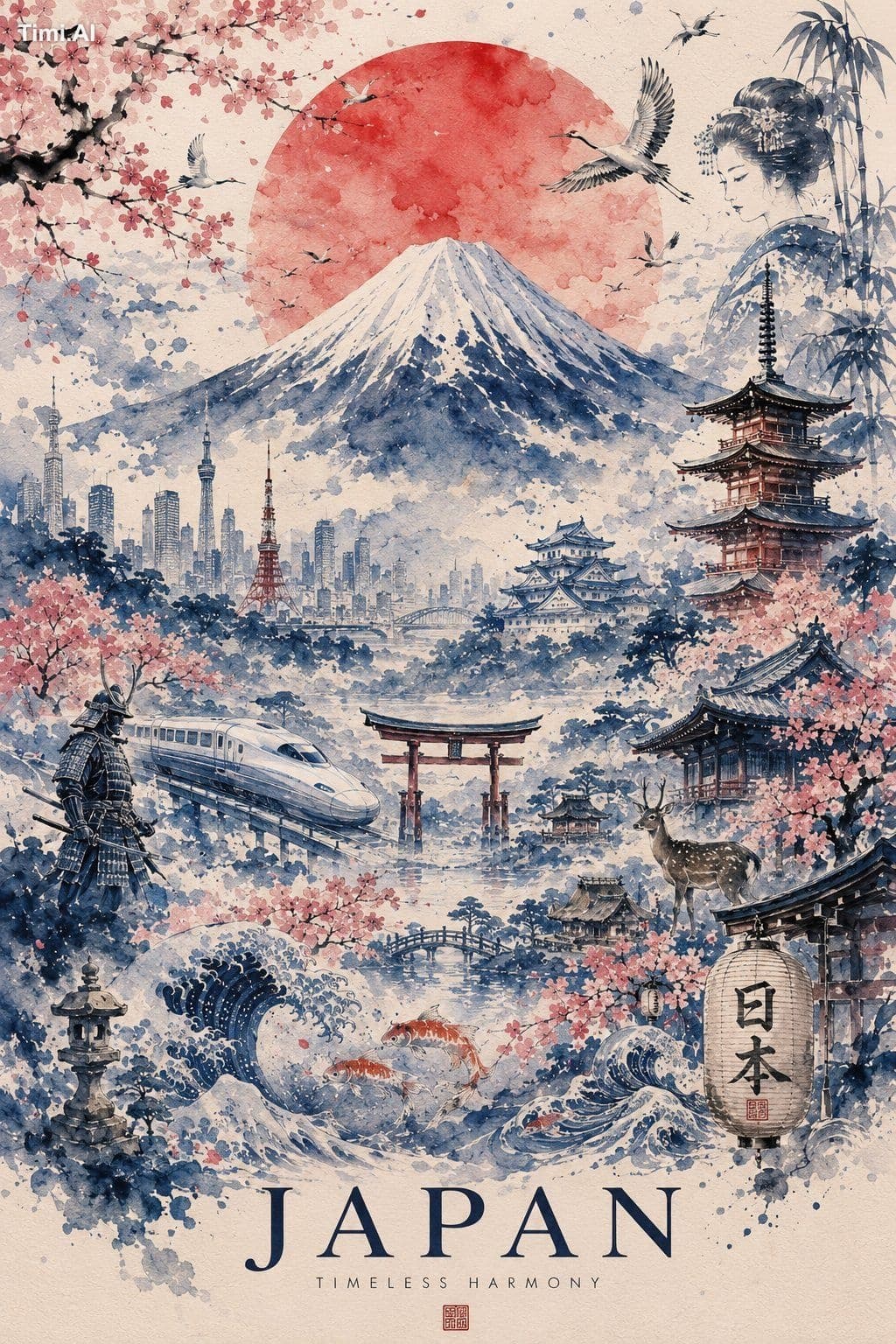 Ultra-detailed watercolor travel poster of Japan, painted in