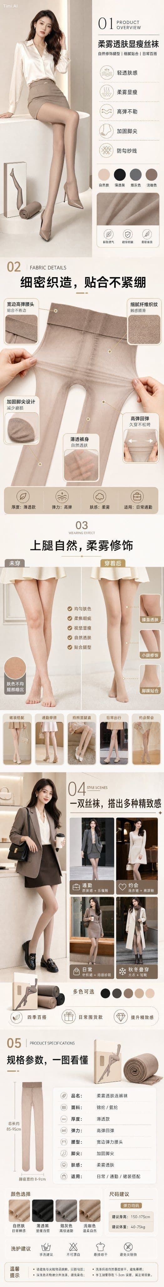 请生成一组【袜类/丝袜/连裤袜】电商详情图,共 5 张,适合用于淘宝、天猫、抖音、小红书等商品页面。
整体风格:
高级