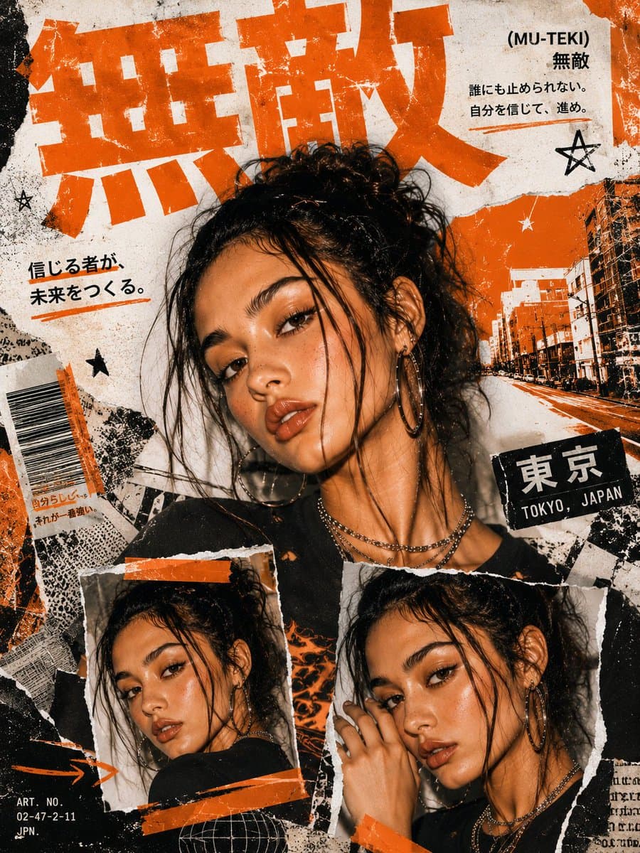 Create a bold Y2K Japanese street-editorial collage poster w