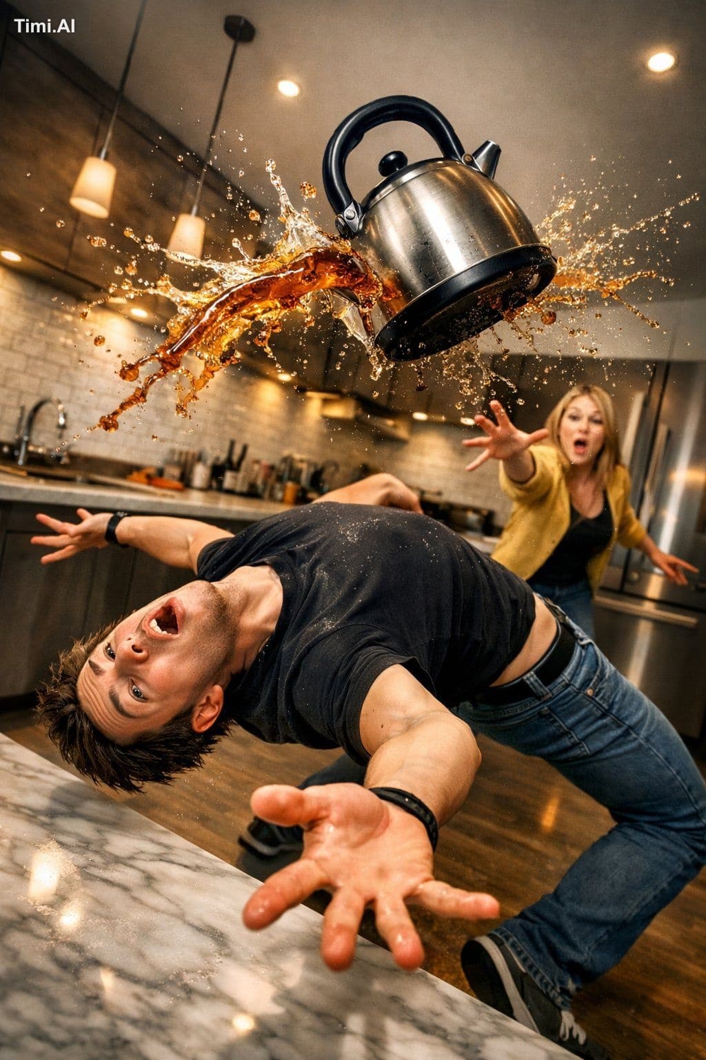 Surreal comedic scene inside a modern kitchen: a young man b