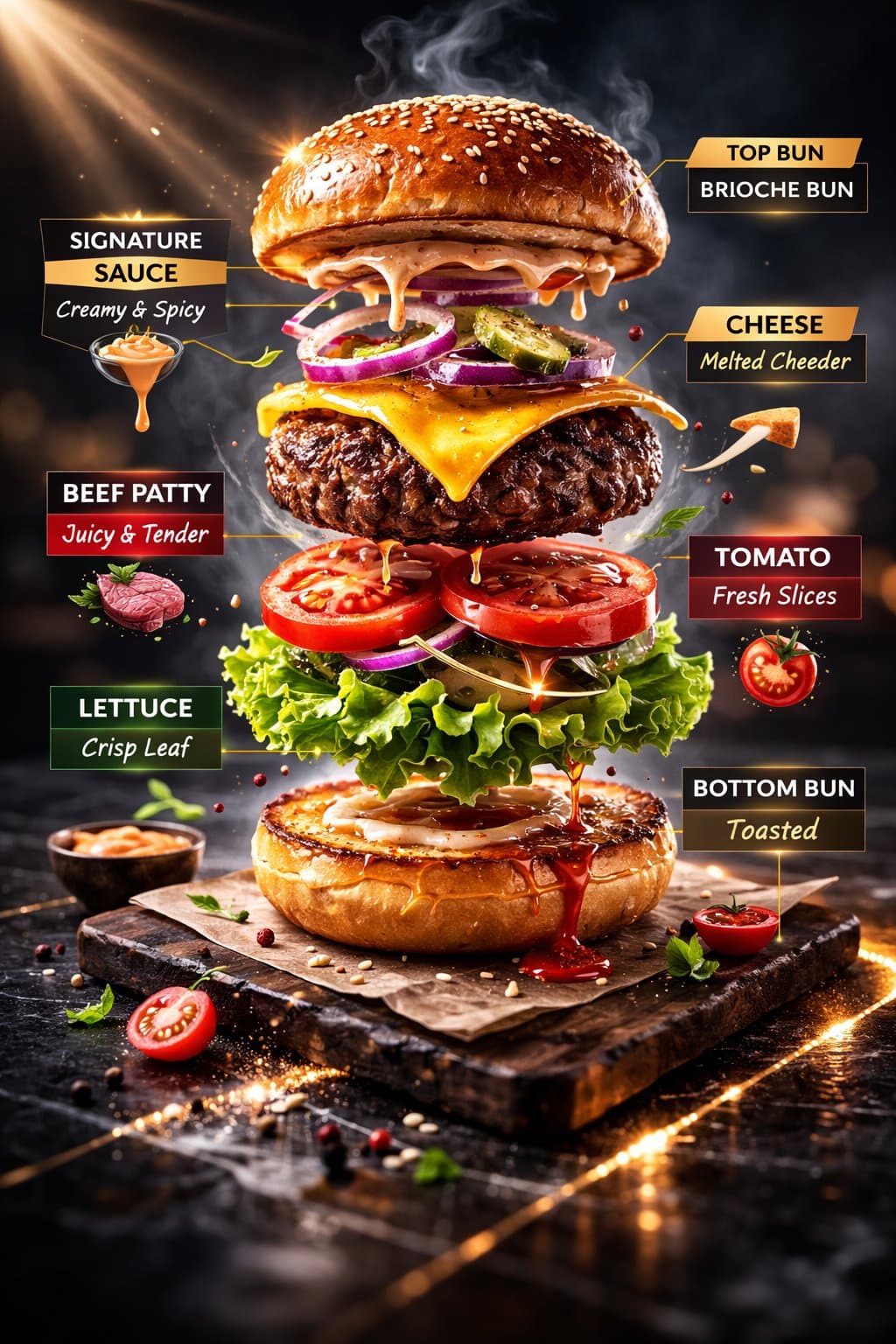 Ultra-appetizing commercial photograph of a gourmet beef bur