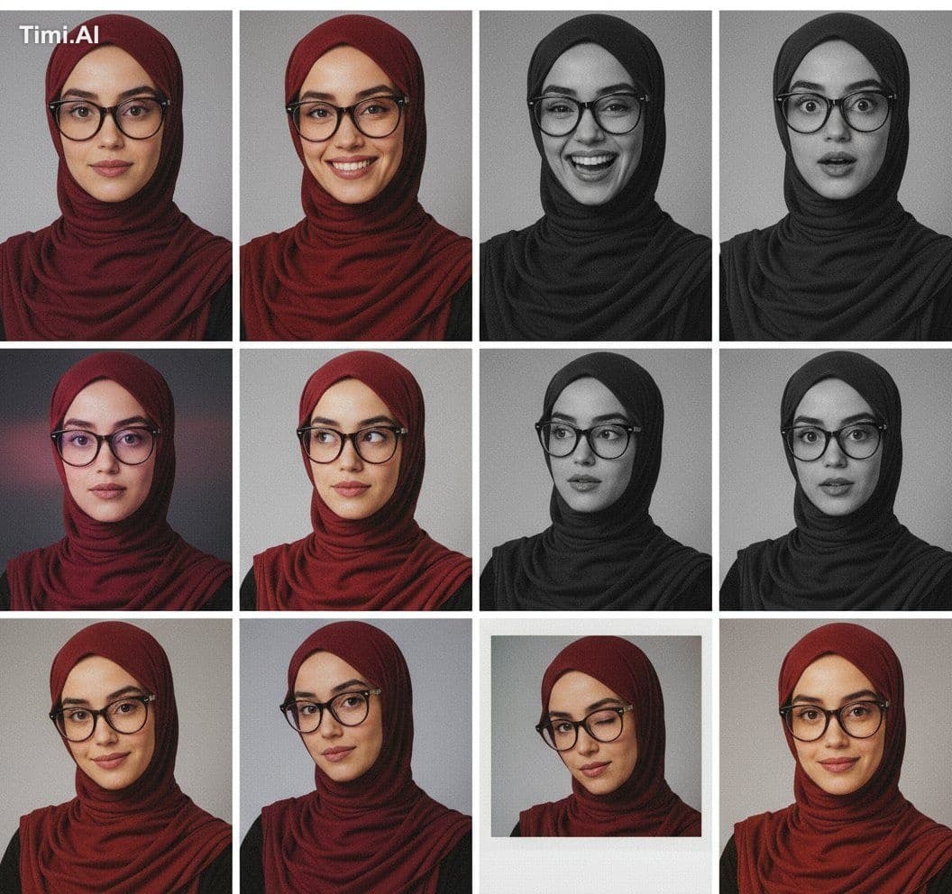 Create a 12-image grid showing the same woman with identical