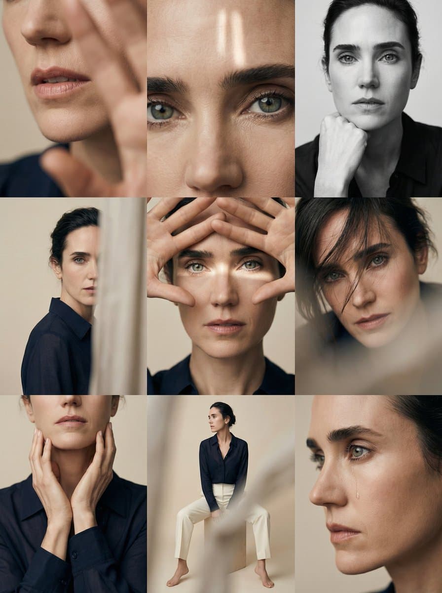 Editorial 3x3 photo grid in a clean soft beige studio. Chara