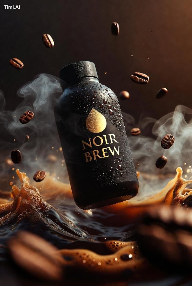 Ultra-cinematic premium coffee bottle labeled “NOIR BREW”, m