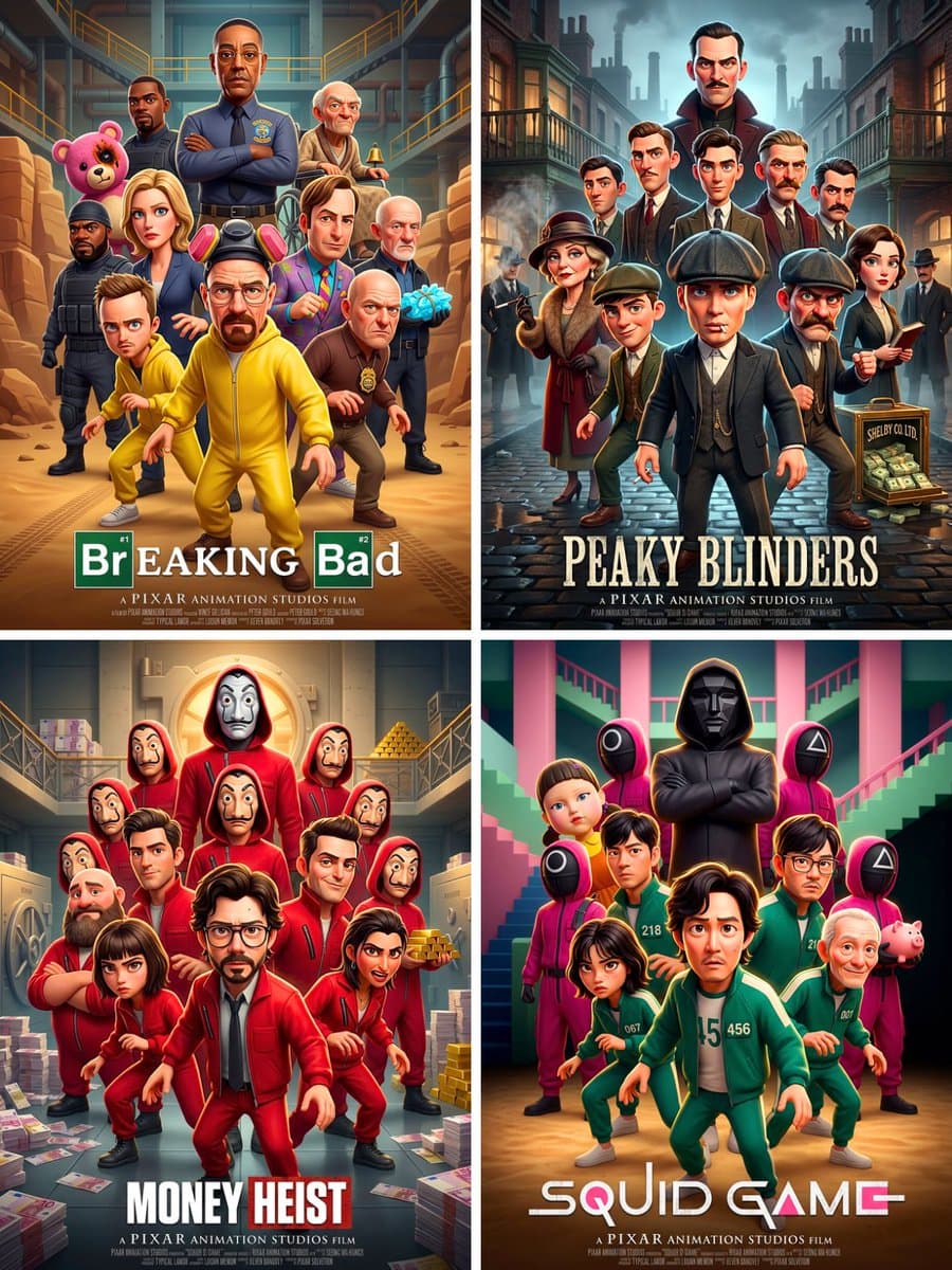 Pixar 3D CGI animated movie poster style, ensemble cast feat