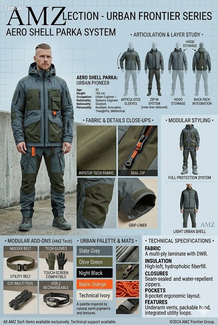 An AMZ Collection fashion design spec sheet and product layo