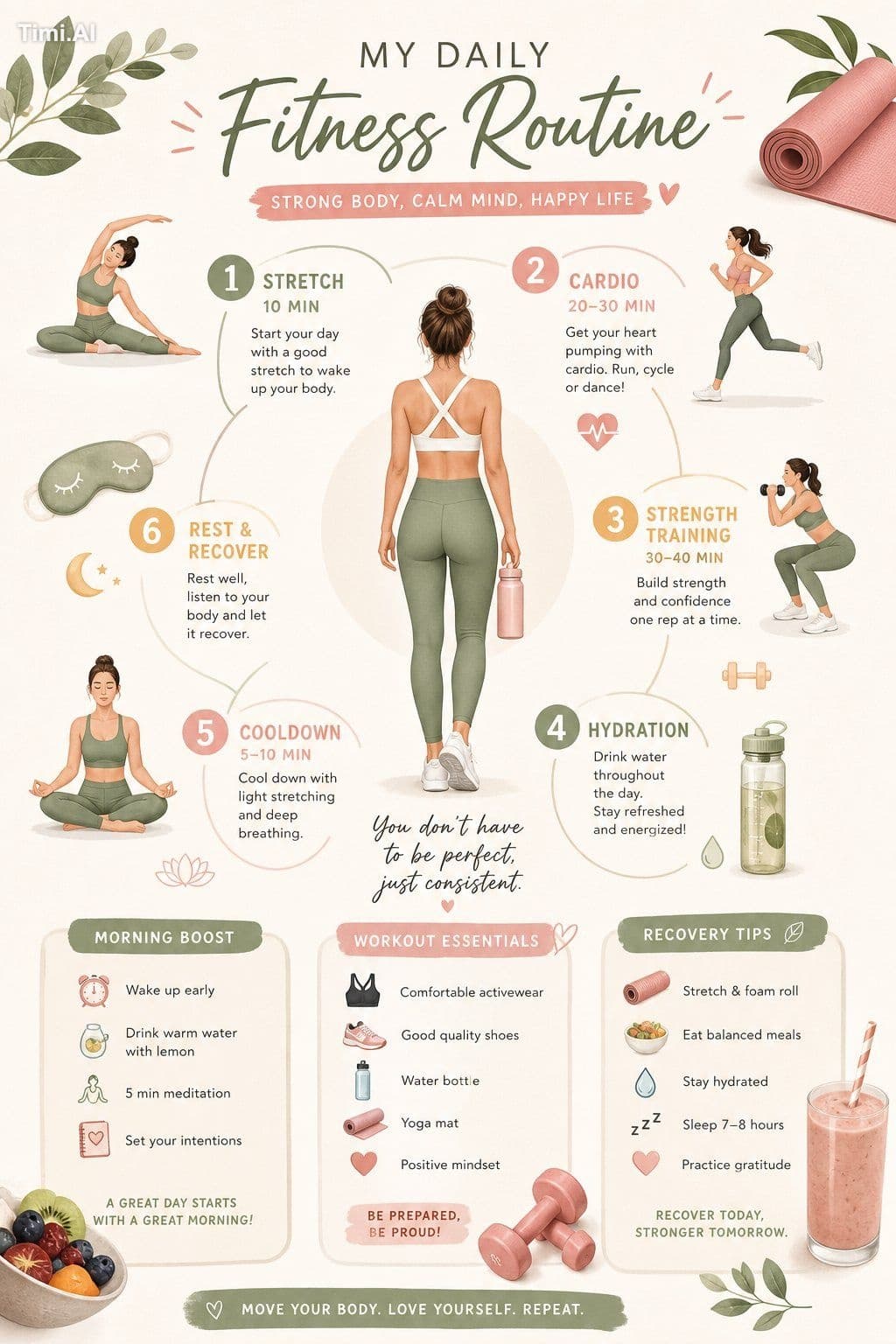 A bright, aesthetic lifestyle infographic showing a daily fi