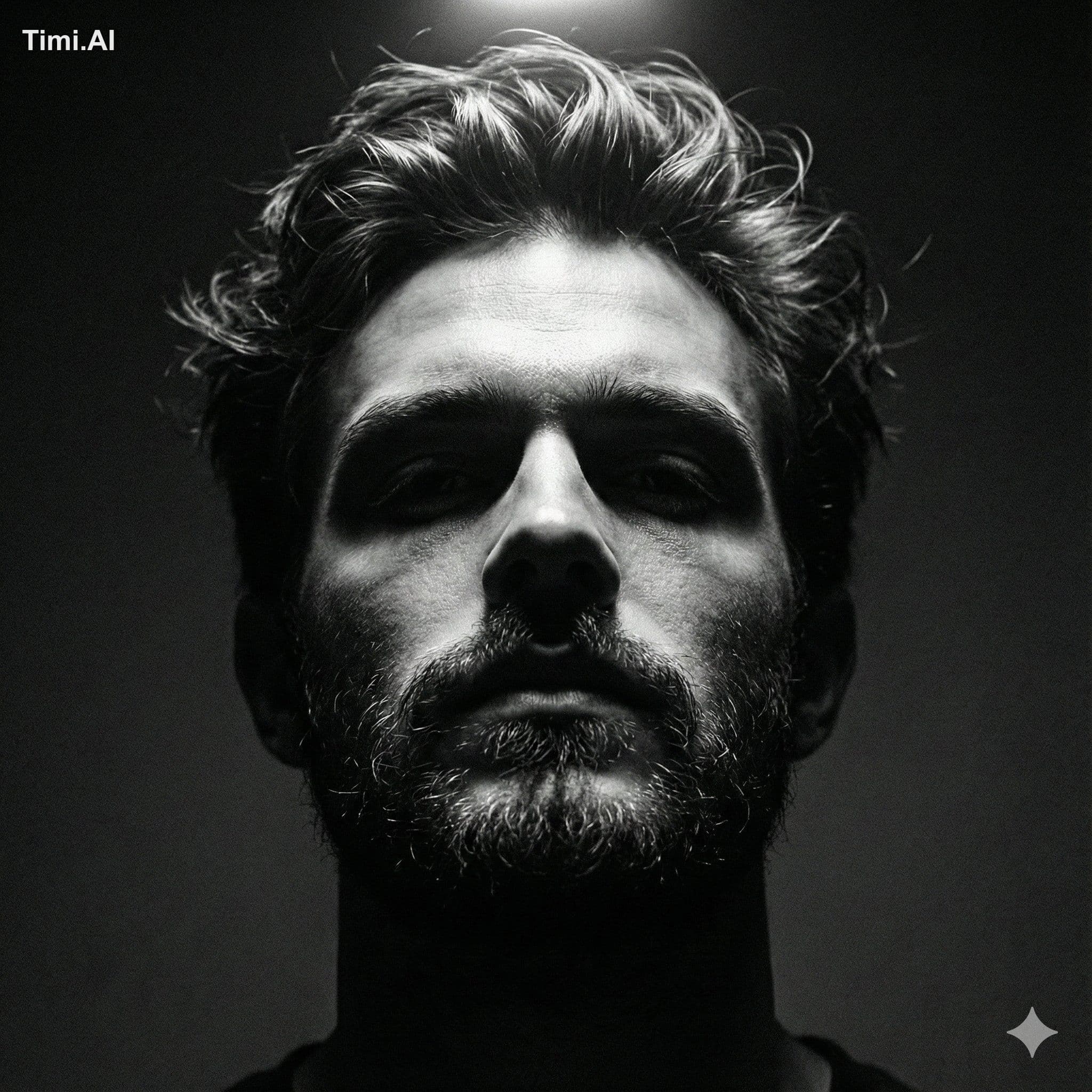 Close-up black and white portrait of a man with tousled hair