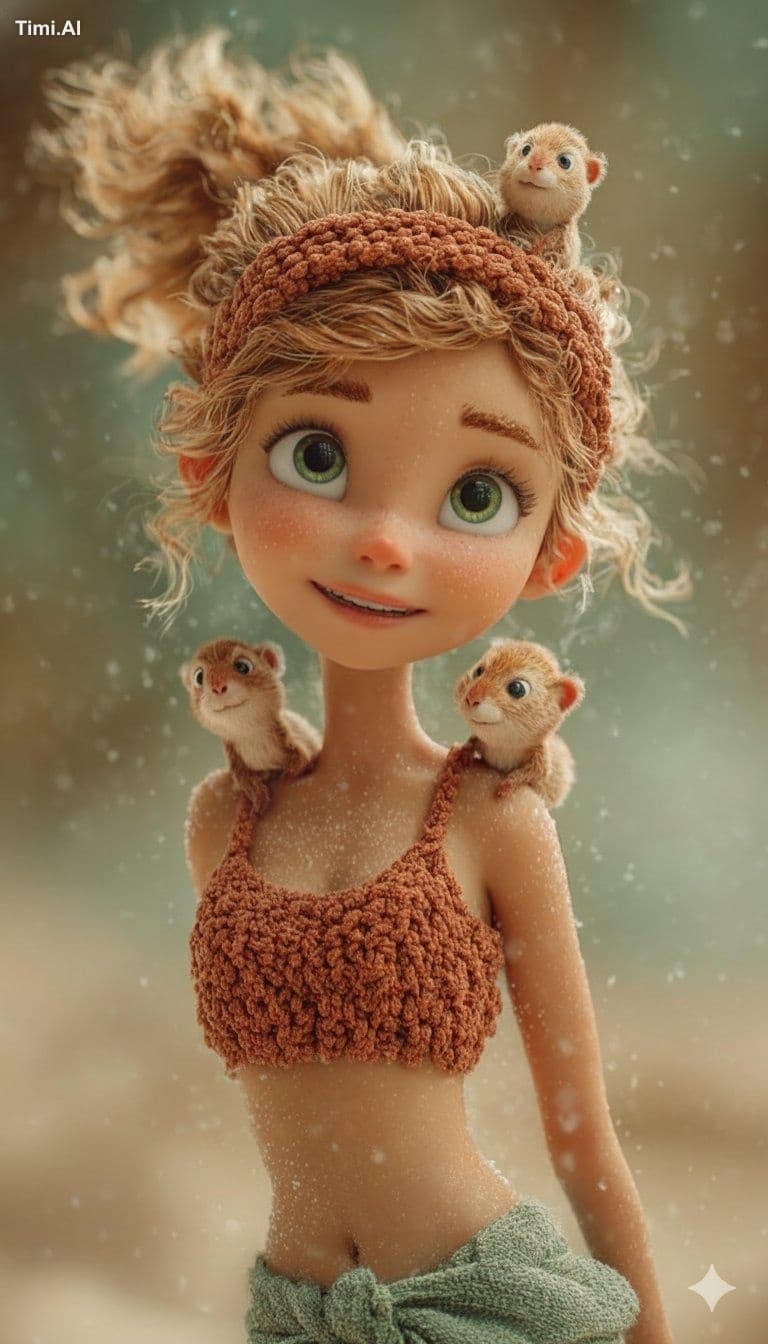 1. A whimsical 3D animated style portrait of a cute young gi