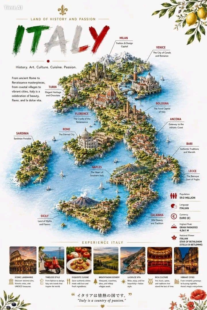 Create a vibrant 3D illustrated travel infographic map of *I