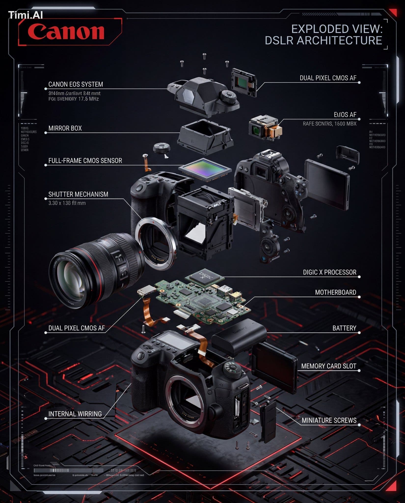 Exploded view Canon DSLR camera infographic, fully disassemb