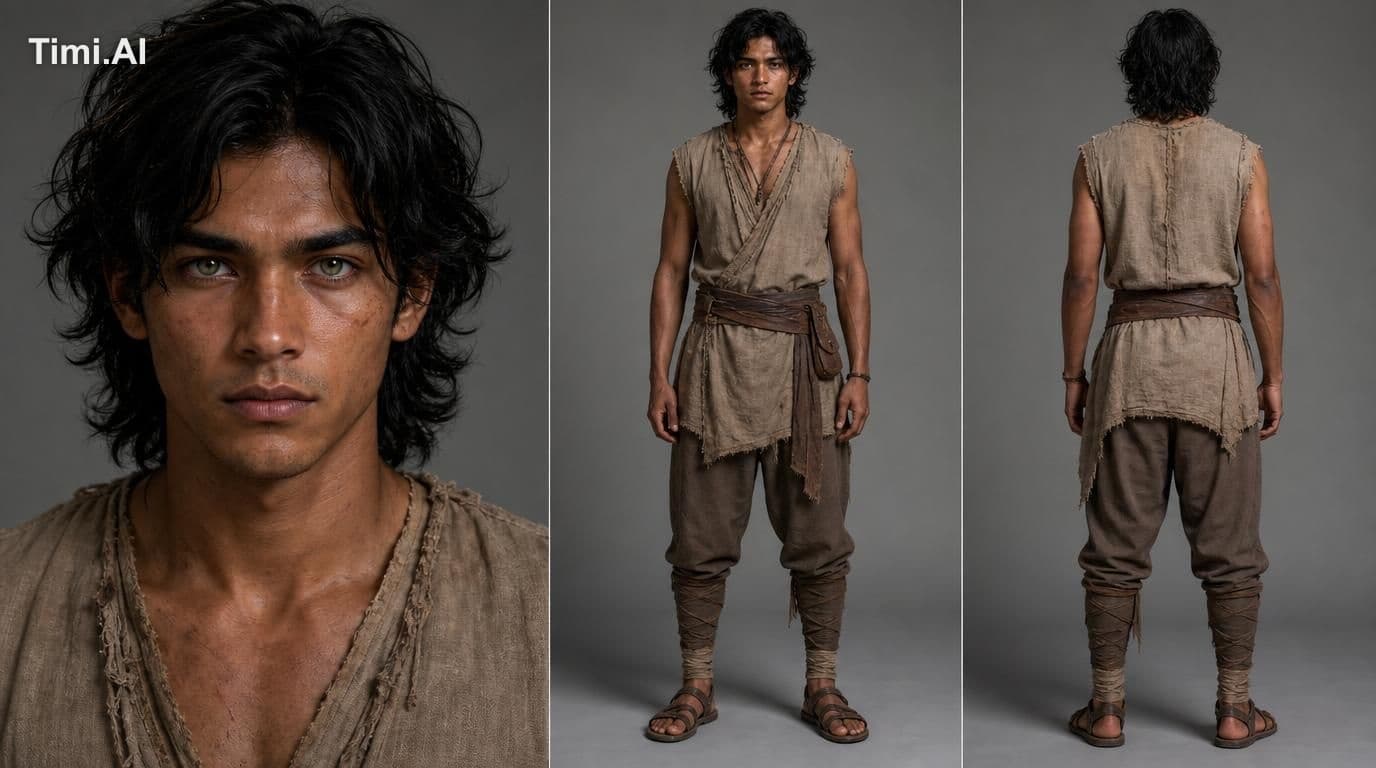 Create a highly photorealistic cinematic character sheet of