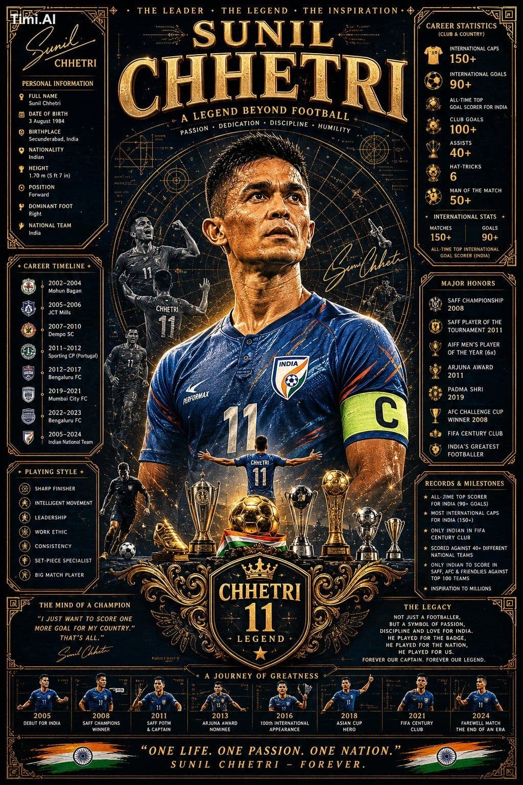 Ultra-detailed luxury tribute poster of Sunil Chhetri, black